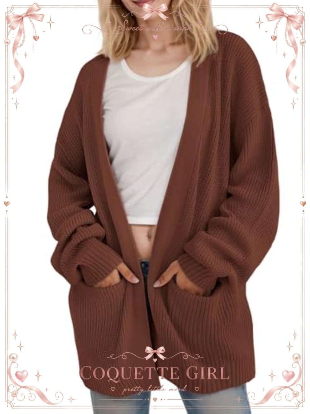 Open Front Waffle Knit Chunky Cardigan Oversized Lantern Sleeve